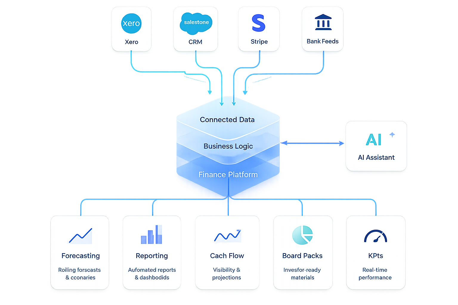 Finance platform architecture showing connected data sources, reporting outputs and AI support